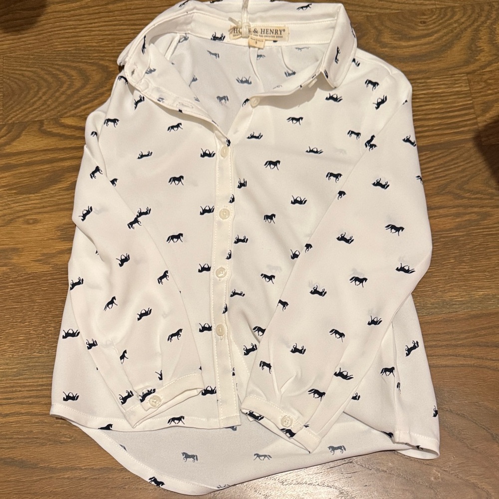 Tucker & Henry Kids White Button-Down Shirt with Navy Horse Print